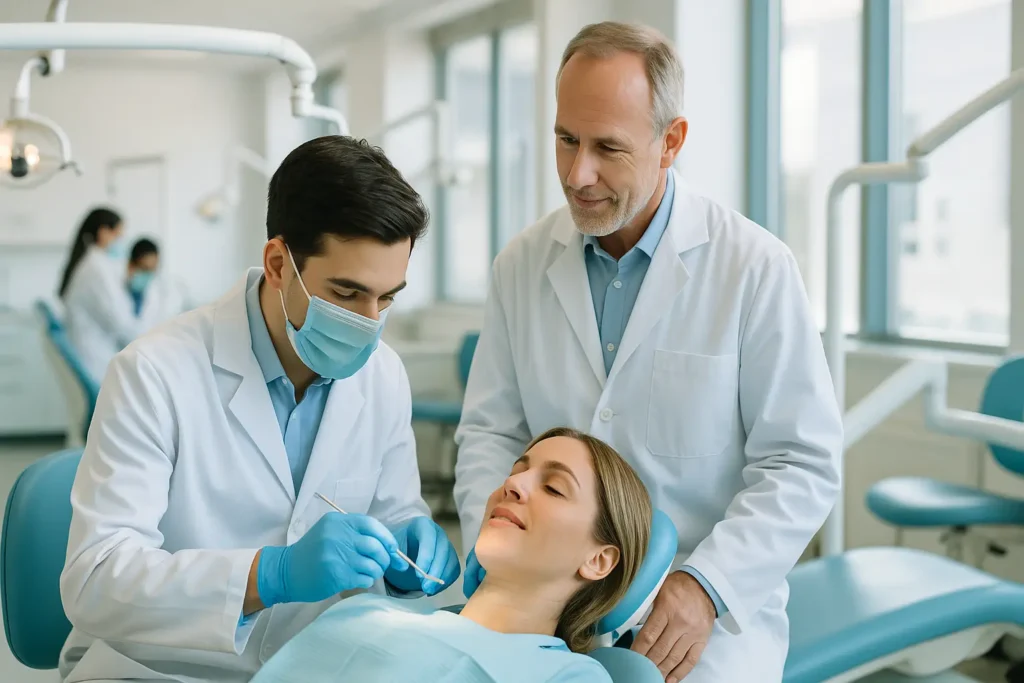 Dental student performing a procedure on a patient while a supervising dentist observes in a bright teaching clinic.