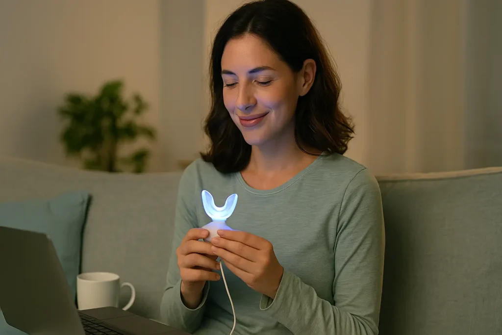 Smiling woman relaxing on a sofa at home in the evening, holding a glowing blue Auraglow LED teeth whitening mouthpiece beside a laptop and coffee mug — showcasing comfortable, at-home whitening.