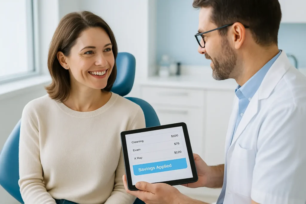 A smiling woman in her 30s sits confidently in a bright, modern dental clinic while her dentist shows her a tablet displaying “Savings Applied.” The scene conveys trust, comfort, and affordable care.