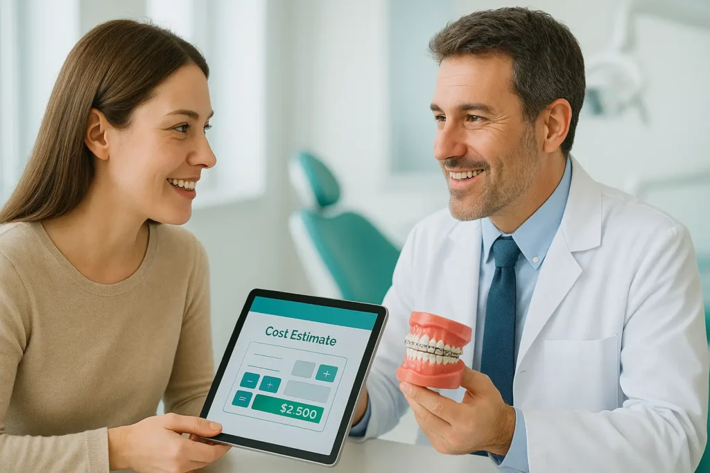 Dentist explaining braces cost to a smiling patient using a digital cost calculator with a model of braces.
