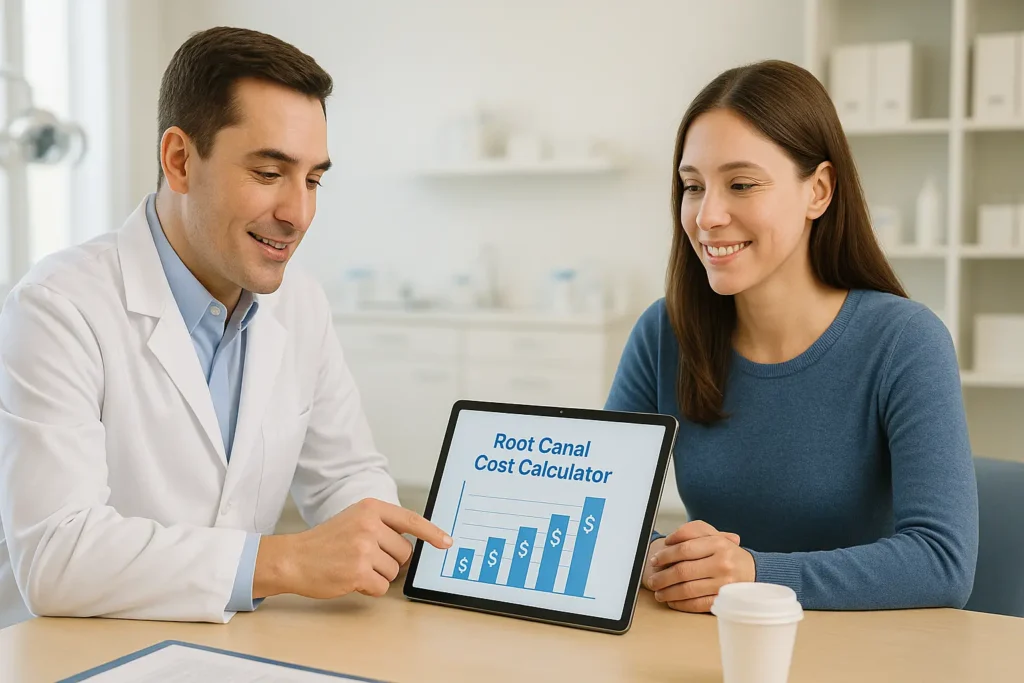 Dentist showing a Root Canal Cost Calculator on a tablet to a smiling patient during a dental consultation.