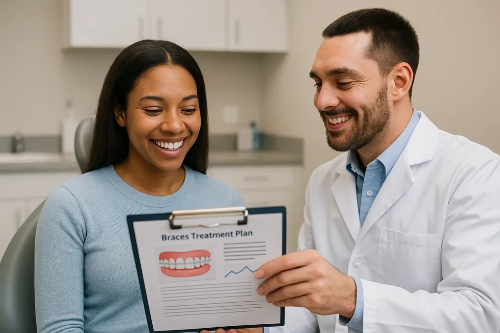 Smiling woman and her dentist reviewing a braces treatment plan in a modern dental clinic.