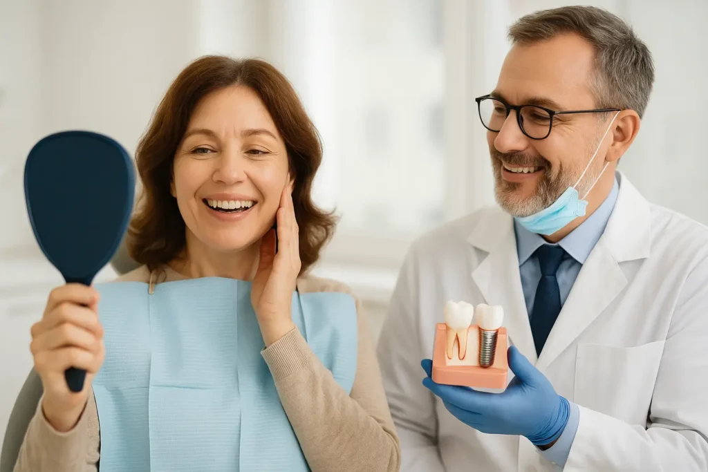 Smiling woman admiring her new dental implant in a mirror while her dentist shows the implant model, inside a bright modern clinic — symbolizing affordable and high-quality dental care.