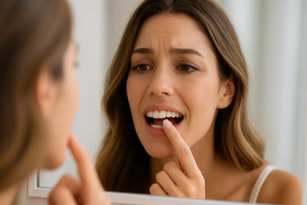 Attractive American woman examining her chipped front tooth in the bathroom mirror, showing concern before scheduling a dental repair appointment.