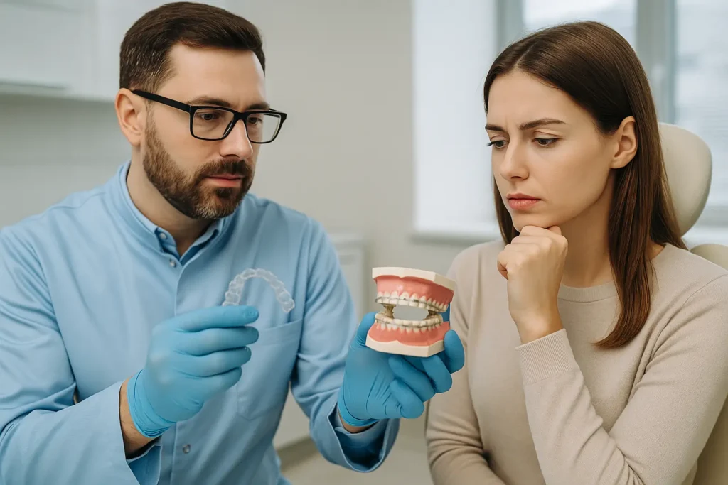 Dentist in a light blue coat showing a clear aligner and a braces model to a focused female patient during a dental consultation.