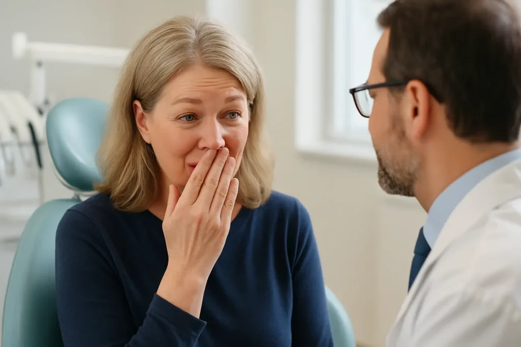 Middle-aged American woman covering her mouth in embarrassment while talking to a dentist during a consultation about replacing a missing front tooth with a dental bridge.