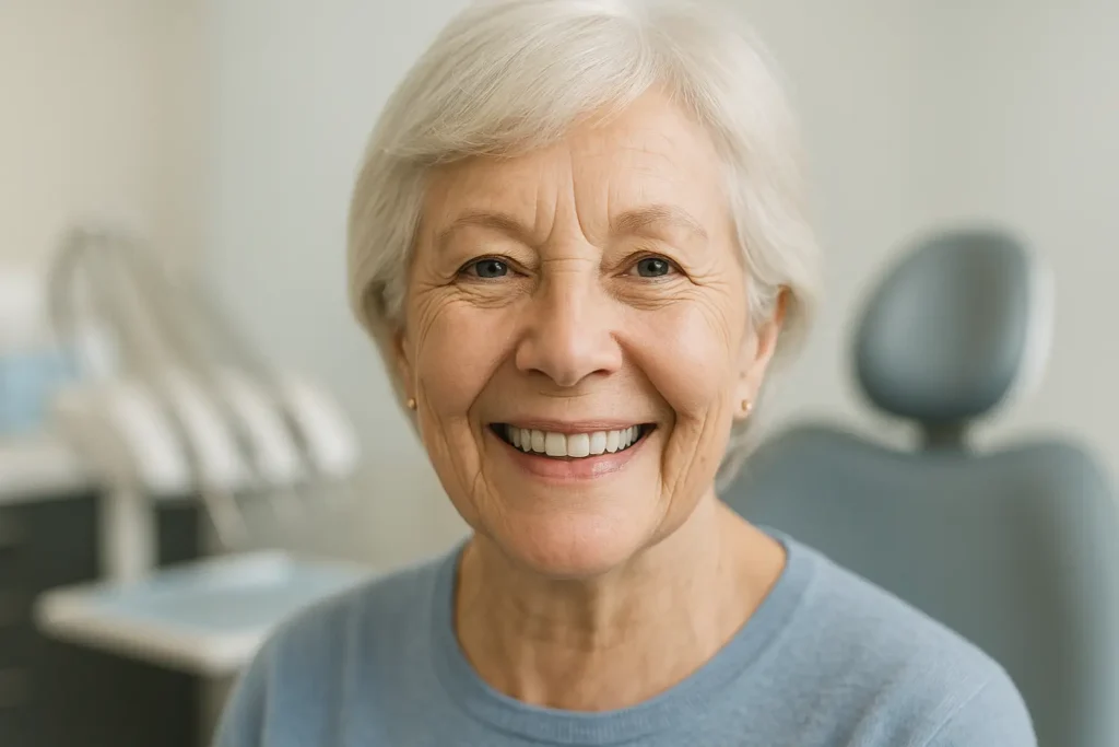 Senior woman smiling confidently in a modern dental clinic after dental implant treatment.