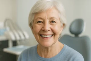 Senior woman smiling confidently in a modern dental clinic after dental implant treatment.