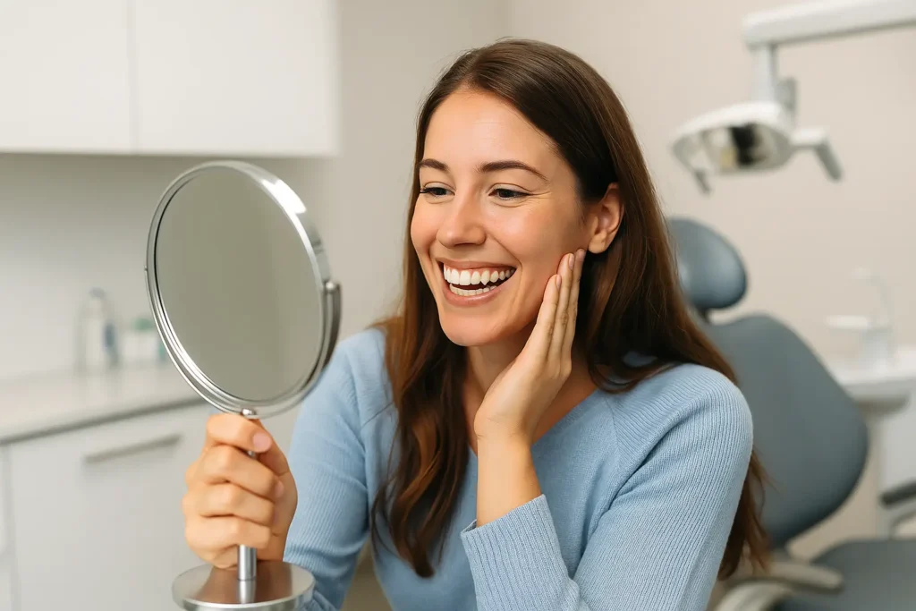 A happy woman in a dental clinic smiling at her reflection in a handheld mirror after getting porcelain veneers, showcasing her bright, natural-looking teeth.