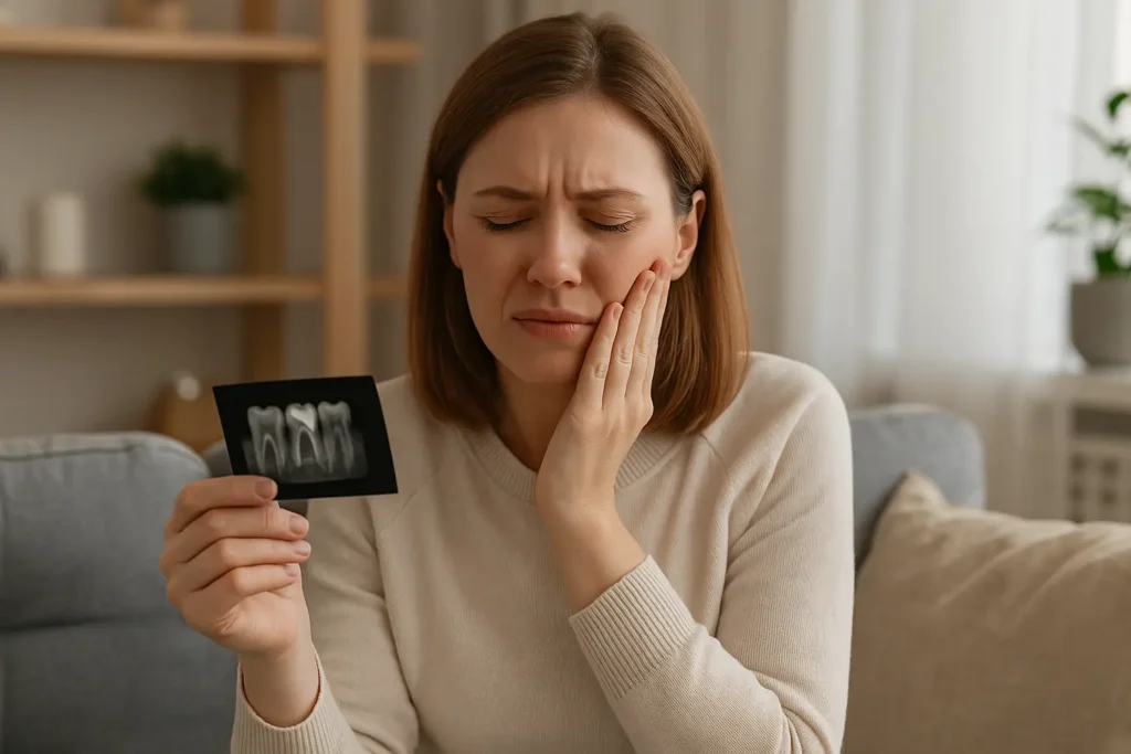 Young American woman sitting on a sofa, holding a dental X-ray and touching her cheek in discomfort, representing the real-life disadvantages of dental crowns and the decision to seek treatment.