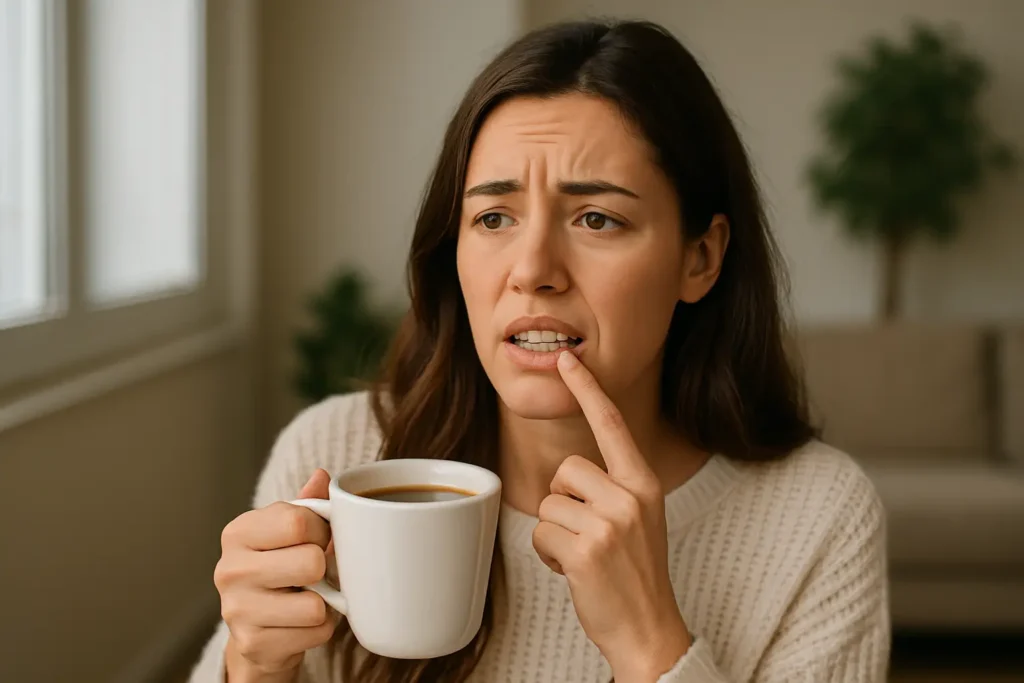 Woman holding a cup of coffee and touching her teeth with a concerned expression, seated in a cozy living room with natural morning light.