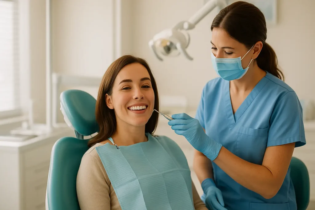 Smiling woman receiving a professional dental cleaning in a modern U.S. clinic — illustrating how long a dental cleaning takes and the comfort of preventive oral care.