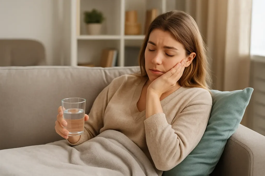 Young Midwestern American woman relaxing at home with a cup of tea during root canal recovery, showing comfort, warmth, and a smooth healing process.