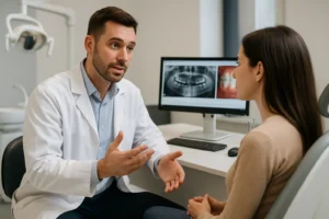 Male dentist explaining different types of dental implants to a female patient inside a modern dental office.