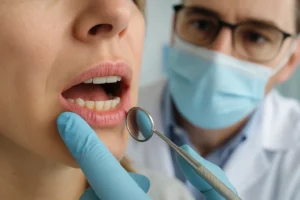 Dentist in mask and gloves using a dental mirror to examine an adult woman’s slightly red gums during a checkup, illustrating professional screening and prevention of gum disease.