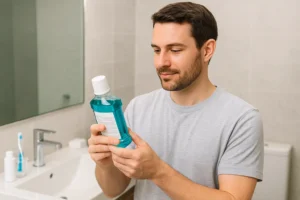 Man in a modern bathroom reading the label on a bottle of mouthwash, comparing options to choose the best mouthwash for bad breath.