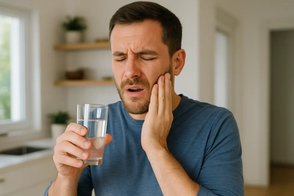 Adult man in a modern kitchen holding a glass of cold water and touching his cheek in discomfort, showing tooth sensitivity after a filling.