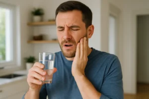 Adult man in a modern kitchen holding a glass of cold water and touching his cheek in discomfort, showing tooth sensitivity after a filling.