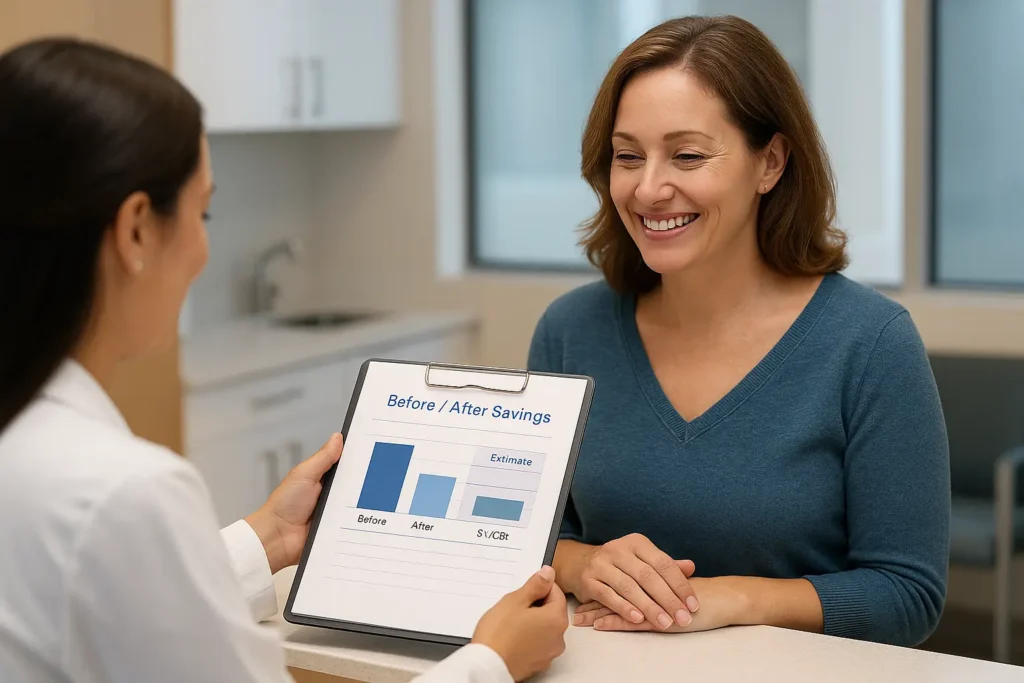 Adult woman smiling at a dental reception desk while the staff shows a “Before / After Savings” chart, illustrating how a dental discount plan can lower treatment costs and help answer what is the best dental discount plan for her budget.