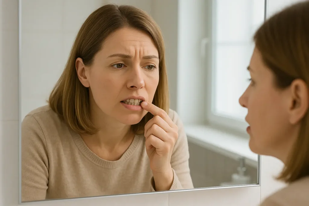 Woman in her 30s examining her upper gums in the bathroom mirror, noticing possible gum recession and worrying if receding gums can grow back.