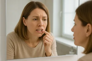 Woman in her 30s examining her upper gums in the bathroom mirror, noticing possible gum recession and worrying if receding gums can grow back.