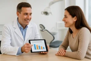 Patient smiling while reviewing dental cost savings on a tablet, representing the benefits of Dental Discount Plans in a modern dental office.