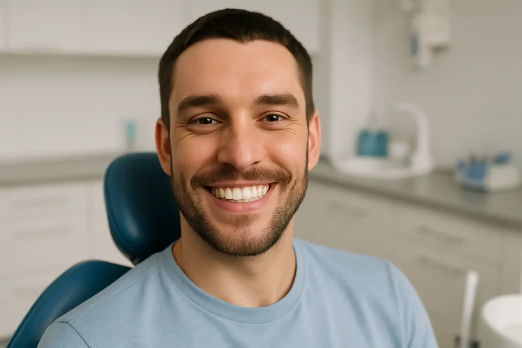 Adult man in a modern dental chair smiling after a professional cleaning, representing a positive experience and transparent Teeth Cleaning Cost in a U.S. dental office.