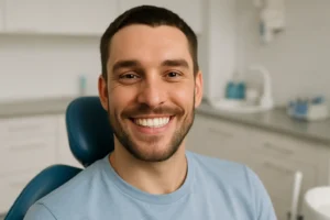 Adult man in a modern dental chair smiling after a professional cleaning, representing a positive experience and transparent Teeth Cleaning Cost in a U.S. dental office.
