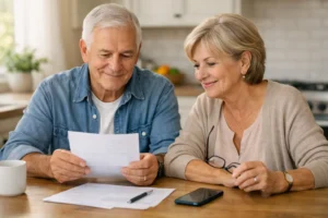 Senior couple reviewing a simple bill at a kitchen table while comparing a dental discount plan for seniors options on a phone.