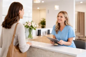 How to find a good dentist: patient checking in at a modern dental office front desk with a friendly receptionist and a tablet for intake.
