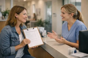 Patient reviewing a treatment estimate with a receptionist at a dental office, representing how a dental discount plan for uninsured can help lower out-of-pocket dental costs.