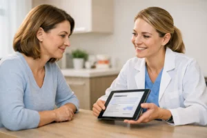 Patient and dental professional reviewing treatment costs in a modern consultation room while discussing a dental discount plan near me.